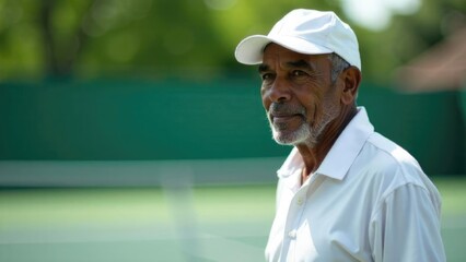 Smiling senior Caucasian tennis player in crisp whites posing on outdoor lawn court. Experienced gentleman athlete enjoying retirement tournament play
