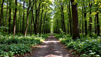 Fototapeta premium a serene woodland scene with a dirt path meandering through it
