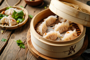 Chinese dumplings in a bamboo steamer on a wooden table 