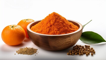 a wooden bowl filled with vibrant green matcha powder sits next to fresh matcha leaves on a pure white background