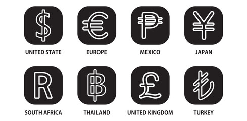 Currencies symbol icons set. Dollar, Euro, Ruble, Yuan, Yen, Lira, Swiss Franc, Indian Rupee and British Pound. Vector Mexico Japan Thailand turkey  