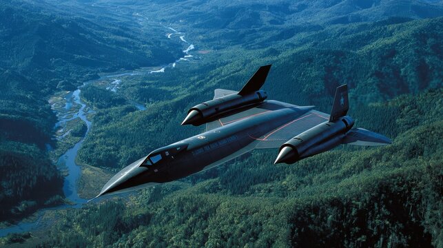 Sleek Black SR 71 Blackbird Spy Plane Soaring Over Lush Green Forest Landscape and Winding River