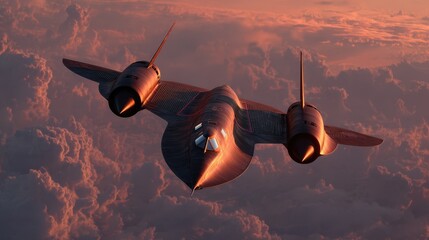 SR 71 Blackbird Reconnaissance Aircraft Soaring Above Dramatic Sunset Cloudscape