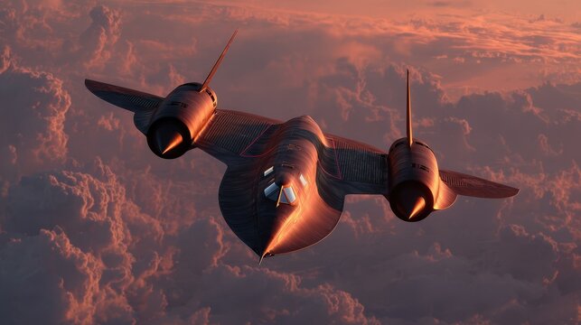 SR 71 Blackbird Reconnaissance Aircraft Soaring Above Dramatic Sunset Cloudscape