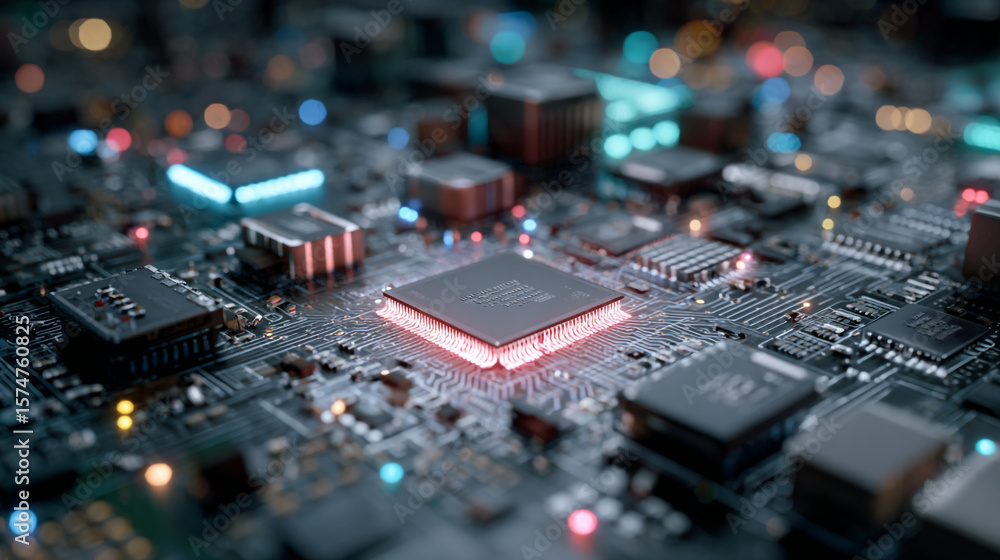 Poster a detailed close up of a computer circuit board with glowing lights and components