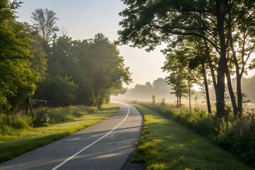 Fototapeta premium Curving paved path through a misty forest at sunrise with sun rays filtering through trees