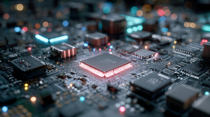 A detailed close up of a computer circuit board with glowing lights and components