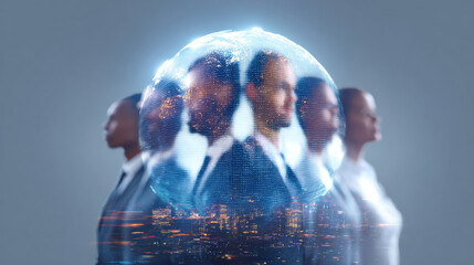 ESG strategy target illustrated by diverse business professionals with digital globe overlay and cityscape background for global teamwork