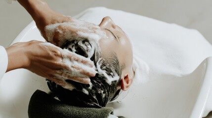 A young Asian woman receives a hair wash at a salon. She has long black hair and is lying back in a salon chair. A stylist gently massages shampoo into her scalp.