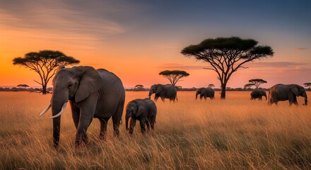 Naklejka premium African Elephants at Sunset Majestic Herd in the Savannah