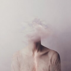A faceless figure with a cloud-like head and a lightning bolt striking from the chest. The background is soft and muted, creating a surreal atmosphere.