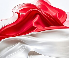 AI generated image of Indonesian red and white flag abstract background, flowing silk texture, dynamic brush strokes, soft gradient, patriotic atmosphere, minimalist yet bold