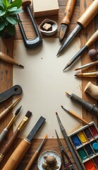 Timeless Creation: Vintage Art Supplies and Blank Canvas on Wood