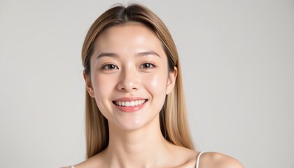 Smiling Woman with Fair Skin and Long Hair Against Light Background