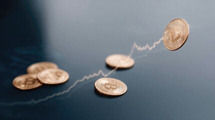 A close-up of several coins on a reflective surface. One coin is in mid-air, with a line graph indicating an upward trend in value. The scene represents finance and investment.