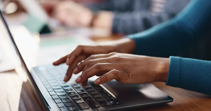 Business person, hands and typing with laptop in office for journalism, report or email. Closeup, journalist or copywriter on computer keyboard for communication, network connection or online article