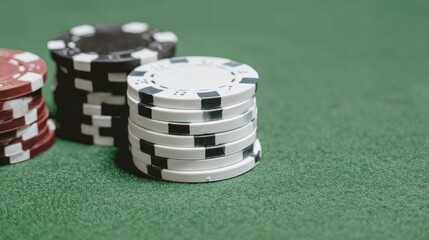 Stacks of poker chips in various colors on a green felt surface. The chips are arranged in a neat pile, ready for a game.
