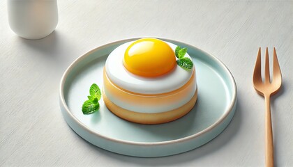 An artistic dessert resembling a sunny-side-up egg, presented on a pastel blue ceramic plate against a plain white background
