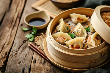 Chinese dumplings in a bamboo steamer on a wooden table 