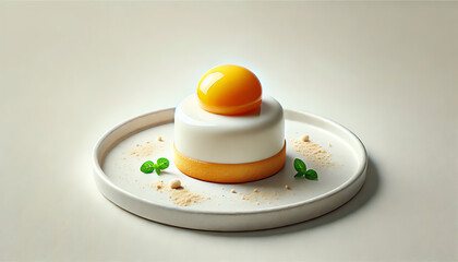 A sunny-side-up egg, presented on a white ceramic plate against a plain white background