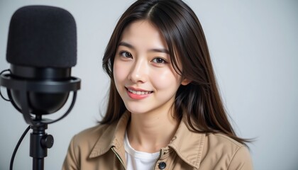 Fair-Skinned Woman Smiling Near Microphone in Studio Setting