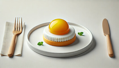 An artistic dessert resembling a sunny-side-up egg, presented on a white ceramic plate against a plain white background