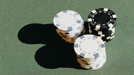 A close-up of stacked poker chips on a green felt surface. The chips are white with blue accents and black with white accents, creating a contrast against the background.