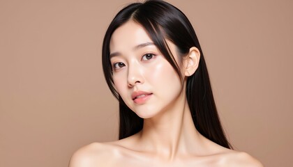 Calm Woman with Straight Hair Posing Against Beige Background