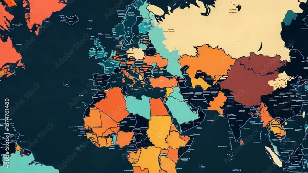 Poster animated world map displaying geographical data, global connectivity, and trade routes