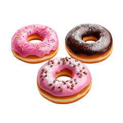 Three deliciously decorated donuts with pink frosting and sprinkles isolated on transparent background