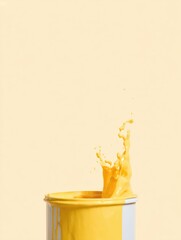 A can of yellow paint with splashes against a light yellow background. The scene captures the vibrant color and dynamic movement of the paint.