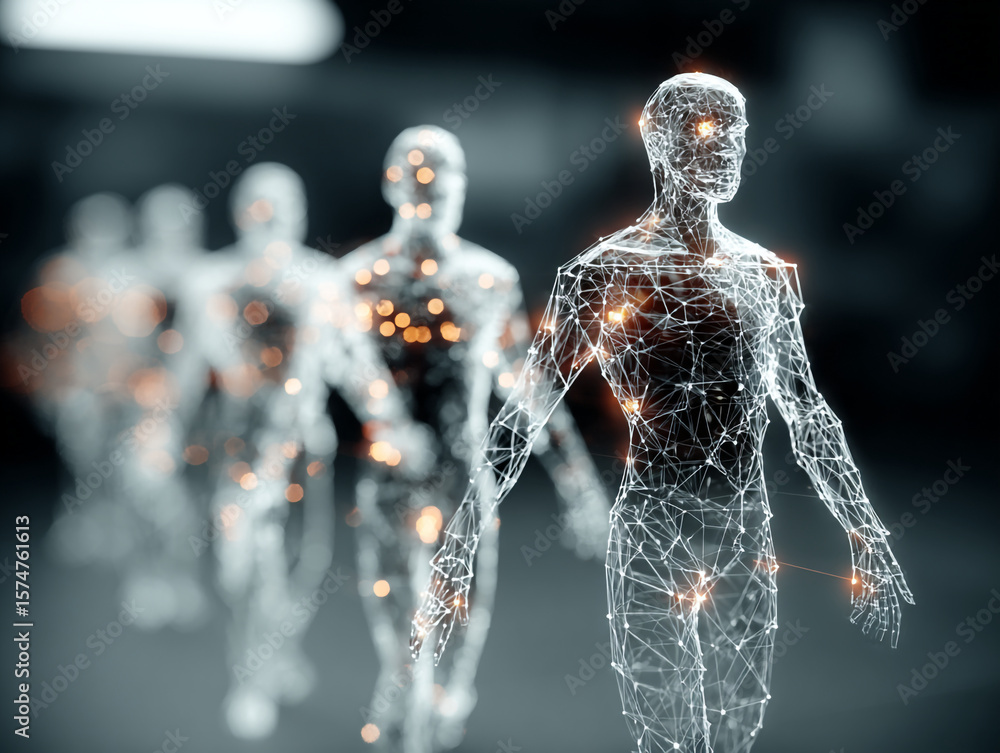 Poster a group of wireframe human figures standing in a row with glowing points of light on them