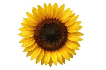 Vibrant sunflower featuring golden yellow petals, dark textured center, photographed in sharp close-up against transparent backdrop