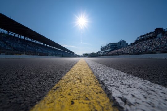 Race track view from start line at Indianapolis Motor Speedway on a sunny day with clean asphalt and empty stands