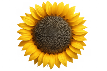 Sunflower blooming, revealing golden petals surrounding dark seedy core, isolated on clear background