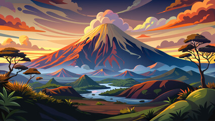 Mount Meru, Tanzania – Conical volcanic peak towers above rainforest and crater lakes. Wisps of cloud curl around summit at dawn.