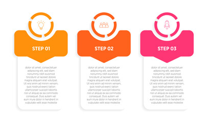 Three rectangular frames with arrows placed in horizontal row. Concept of 3 stages of strategic process. Modern flat infographic design template. Simple vector illustration for presentation.