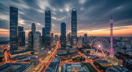 Modern Cityscape at Dusk With Tall Buildings and Ferris Wheel