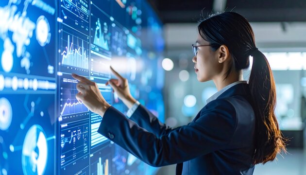 Woman interacts with large interactive display (2)