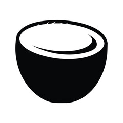 Minimalist black and white illustration of a coconut half on white background
