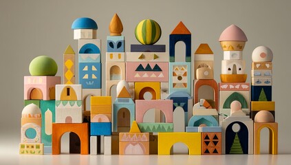A set of colorful and soft building blocks, with simple shapes like arches, circles, squares, and triangles, arranged to form an enchanted castle on the right side. The background is a light blue sky 