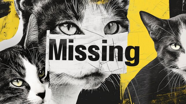A cat is missing message on a black and white grainy grungy collage with different cats. Lost pets problem.