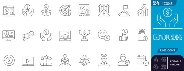 Comprehensive crowdfunding line icon set. Perfect for startups, investment, finance, and business development. Boost your projects with these modern vector icons.