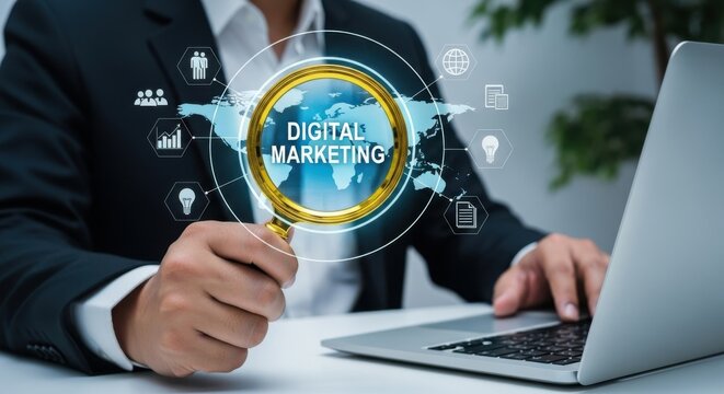 A businessman uses a magnifying glass to analyze digital marketing data