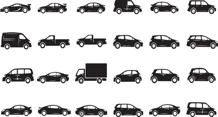  A diverse collection of sleek, isolated black vehicle silhouettes, including cars, trucks, vans, and SUVs, presented in various angles for automotive design, transportation graphics, and modern digit