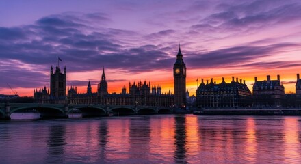 Obraz premium Majestic London Skyline at Sunset With Iconic Big Ben Tower Reflected in the River Thames