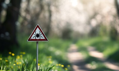 A triangle sign warning about ticks, dangerous place. Gloomy forest background.