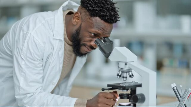 African american man in lab coat using microscope for scientific research. Medical professional examining sample. Healthcare and laboratory work concept