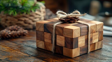 Wooden puzzle gift box tied with twine