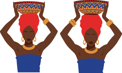 Two elegant African women in traditional headwraps and vibrant attire, gracefully balancing ornate baskets on their heads, symbolizing cultural heritage, strength, and timeless beauty against a clean,